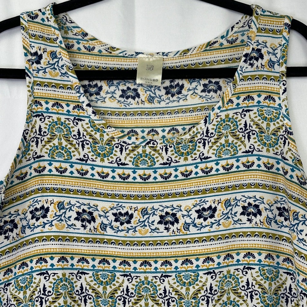 Floral Medallion Stripe Pom Pom Hem‎ Tank Top Blue Green Boho Hippie Made in USA